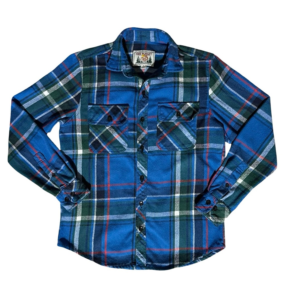 Free planet Men's small blue plaid thick flannel warm button Shacket Shirt